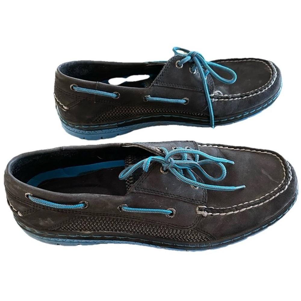 Sperry Top-Sider 2 Eye Boat Shoes Leather, Black & Blue Trim, Size 10M, EUC